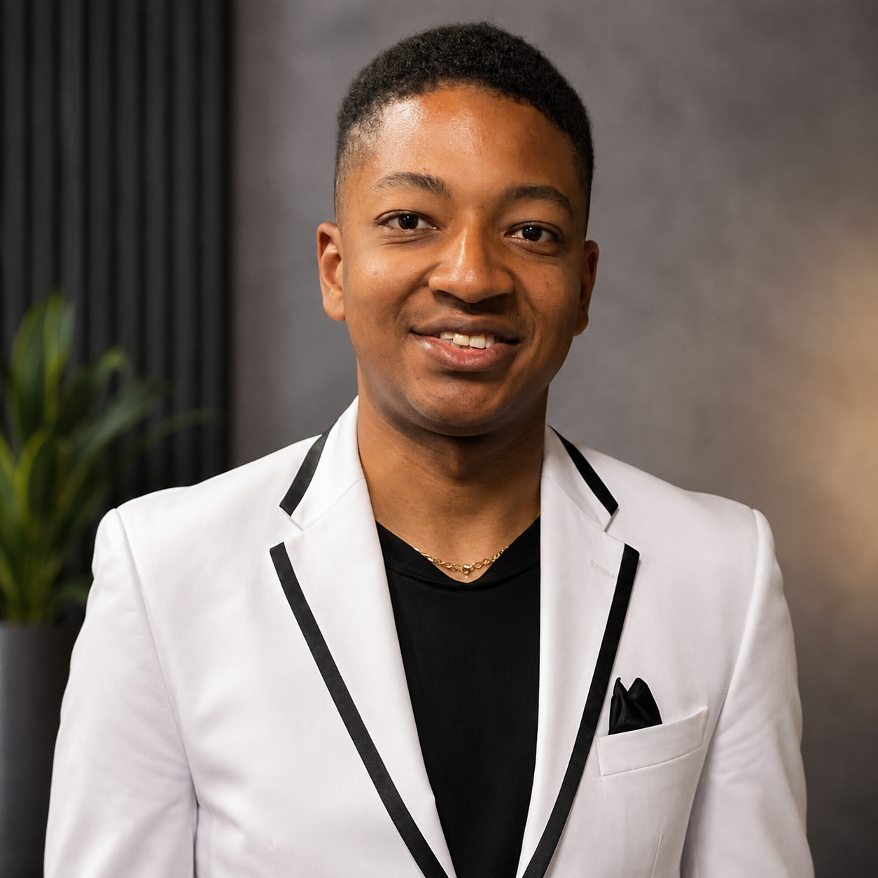 Gabriel Sims smiling in white blazer